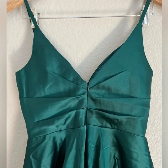 Remarkable Romance Emerald Green Satin Skater Dress with Pockets - Picture 7 of 8